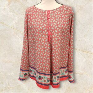New Directions Boho‎ Print Blouse XL Red Teal Floral Border Peasant Top Bohemian
